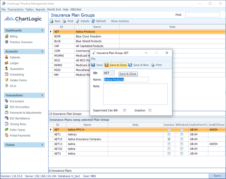 Tables: Insurance Plan Groups | ChartLogic Help Center